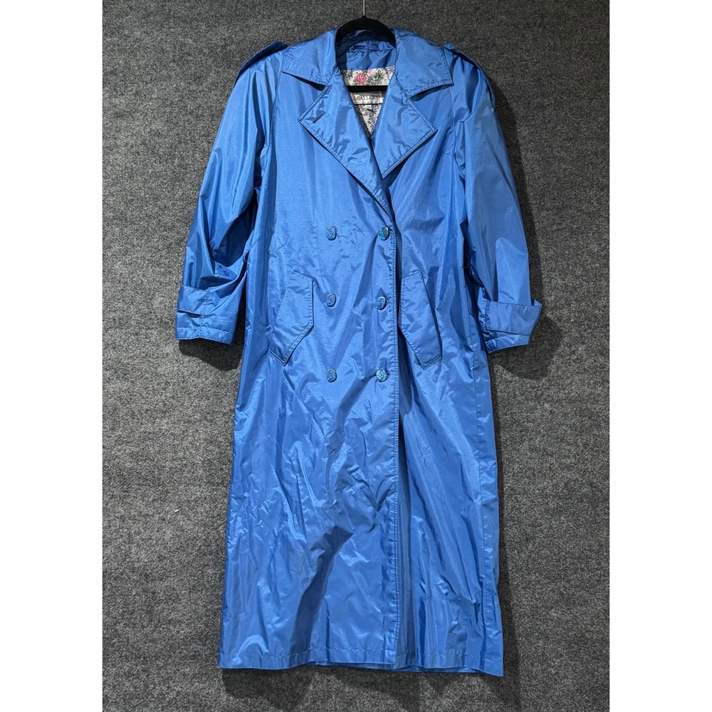 J. Gallery Trench Coat Women 7/8 Blue Excellent Vintage Double Breasted Longline